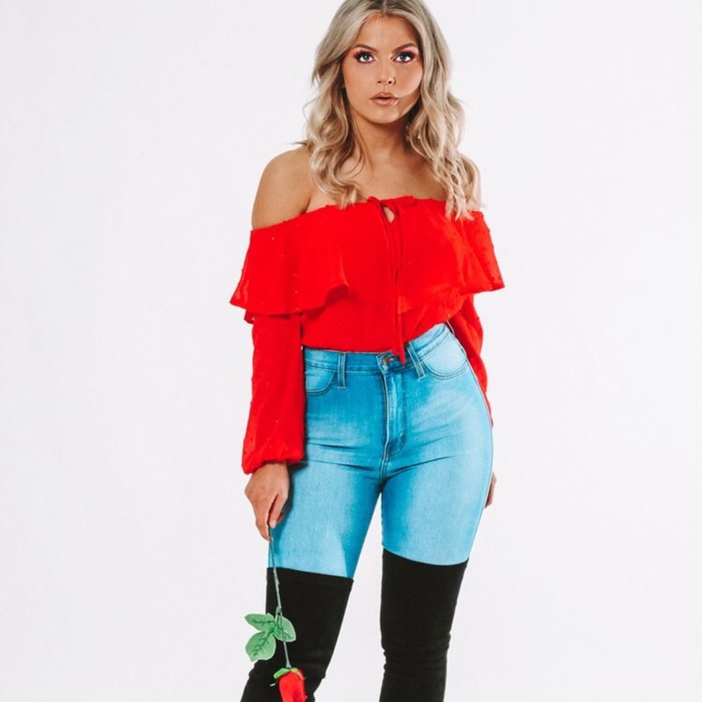 Red off the shoulder bodysuit